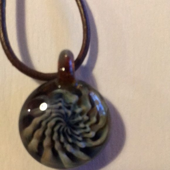 Blue and White Glass necklace on Brown Cord - Picture 6 of 10